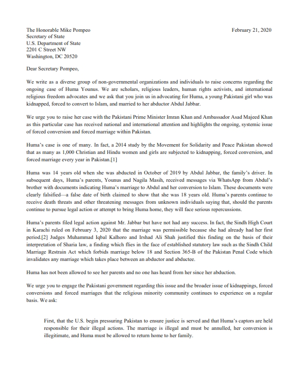 Multifaith letter regarding Huma Younus